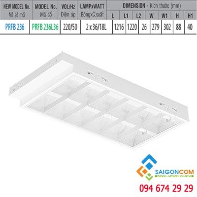 Máng đèn huỳnh quang 2 bóng/ led loại âm trần PRFB 236