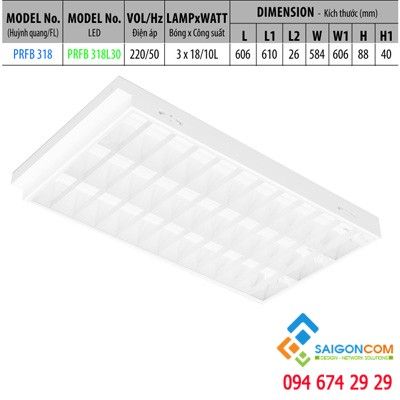 Máng đèn huỳnh quang 3 bóng/ led loại âm trần PRFB 318