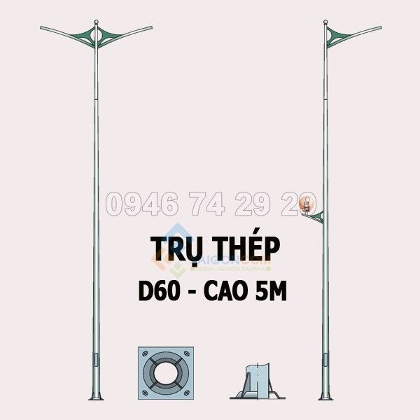 Trụ thép đèn đường 5m  dày 3mm (D60/150)